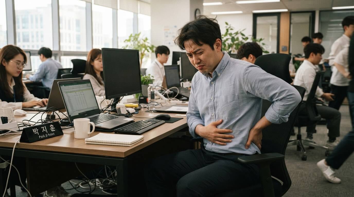 오래 앉아 근무하는 사무직 남성이 사무실 책상에서 허리와 아랫배 통증으로 얼굴을 찡그리는 모습