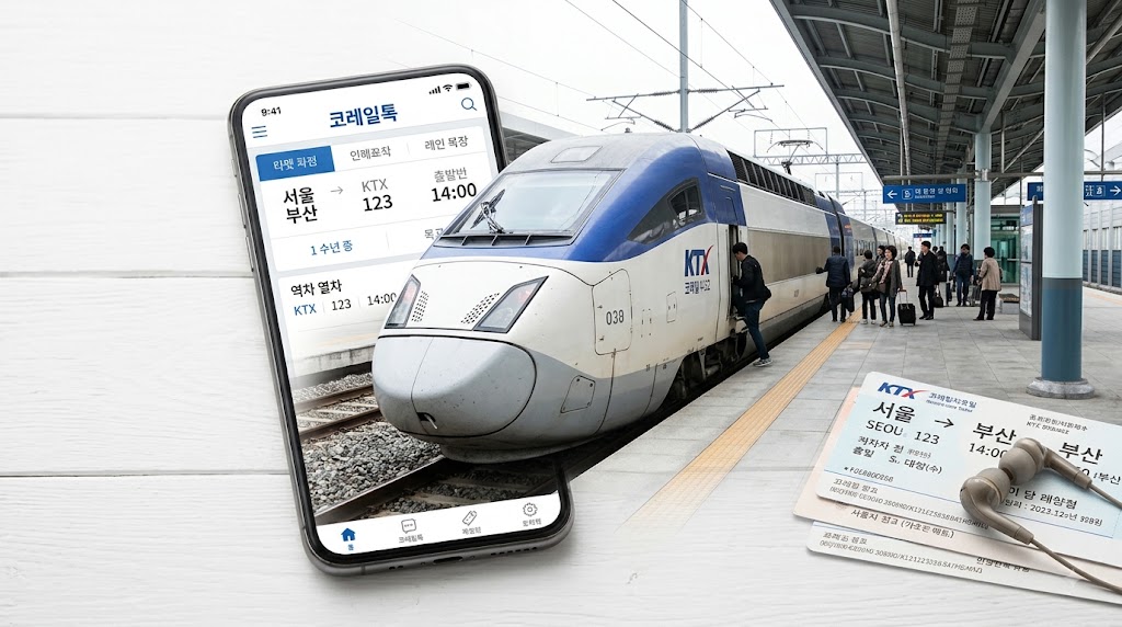 KTX 열차가 플랫폼에 정차한 모습과 예매 앱 화면이 겹쳐진 깔끔한 정물 사진