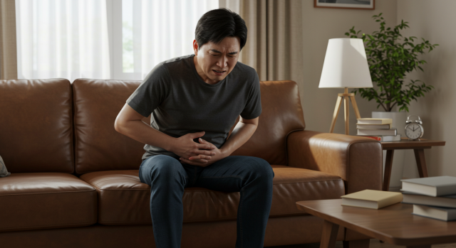 소파에 앉아 속쓰림을 호소하는 한국인 남성