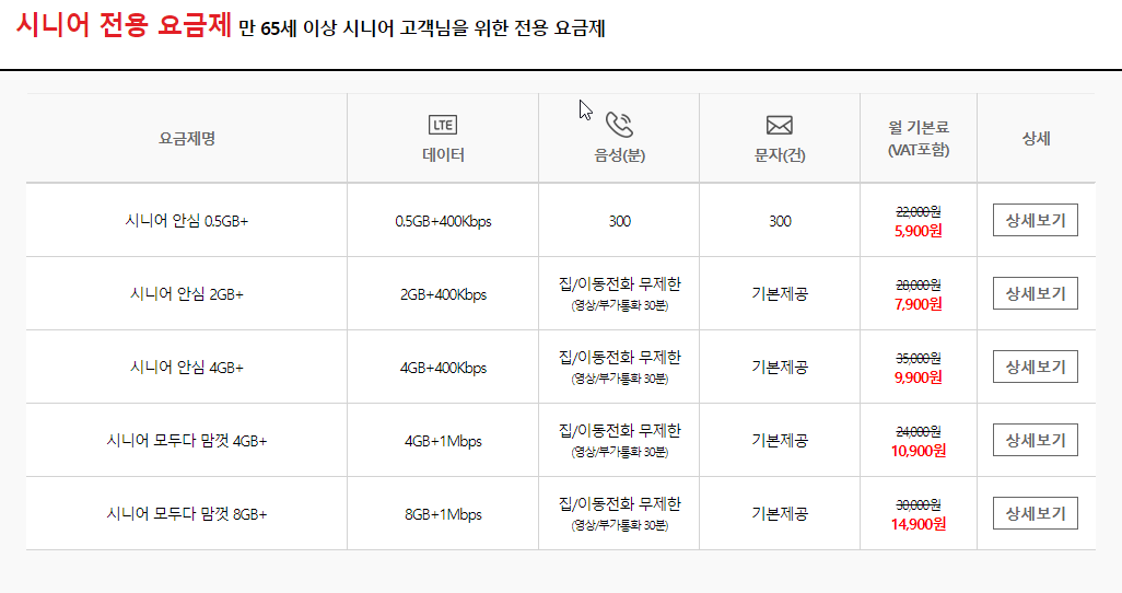 시니어 요금제 요금표