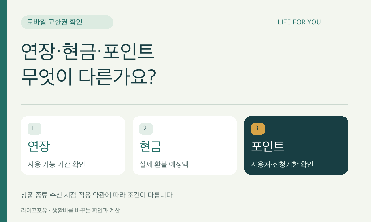 연장&middot;현금&middot;포인트 &middot; 무엇이 다른가요? &mdash; 연장 사용 가능 기간 확인, 현금 실제 환불 예정액, 포인트 사용처&middot;신청기한 확인 (상품 종류&middot;수신 시점&middot;적용 약관에 따라 조건이 다릅니다)