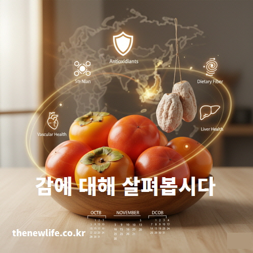 감 효능을 상징하는 인공 이미지, 항산화·식이섬유·간 건강·혈관 건강 등 감의 주요 효능을 표현한 그래픽