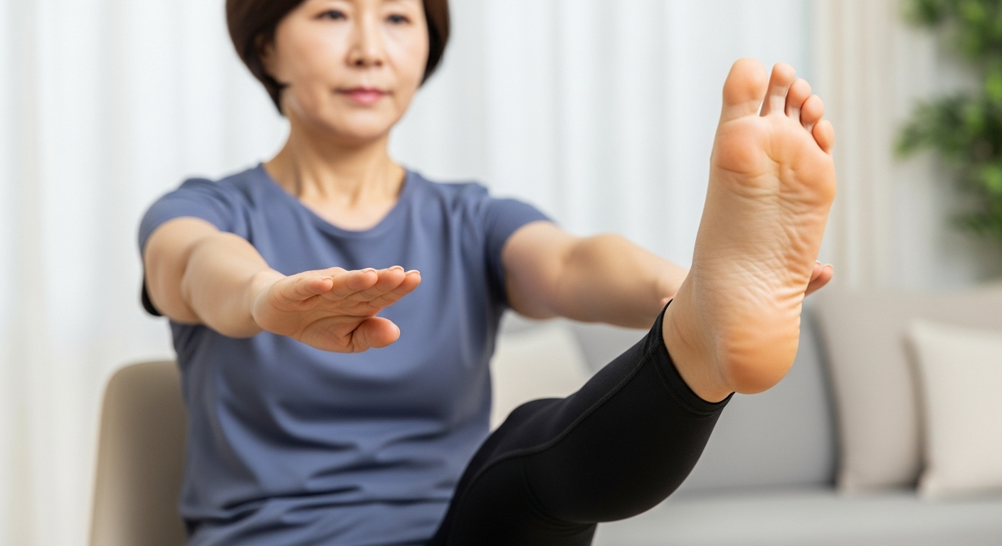 의자에 앉아 다리를 곧게 펴고 허벅지 근육을 강화하는 '앉아서 다리 들기' 운동을 하는 50대 여성의 다리 모습