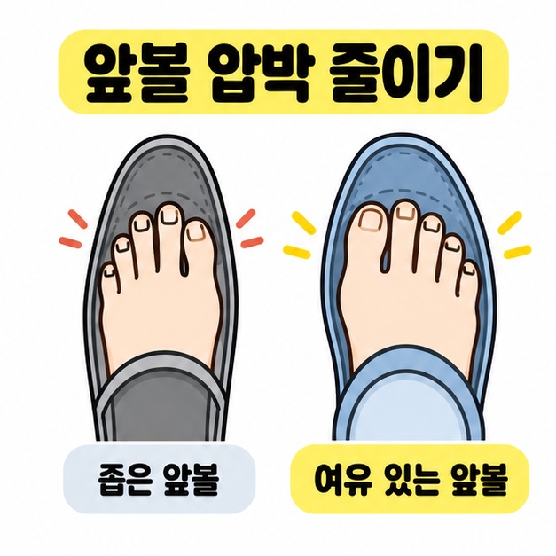 앞볼 압박 줄이기 제목 아래 좁은 앞볼의 신발과 발가락 주변에 여유가 있는 신발을 나란히 비교한 그림
