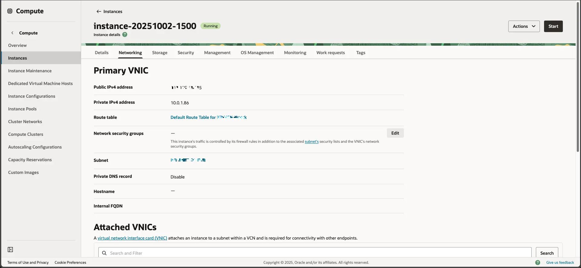 오라클 클라우드 - Compute - Instances - Instance Detail - Networking