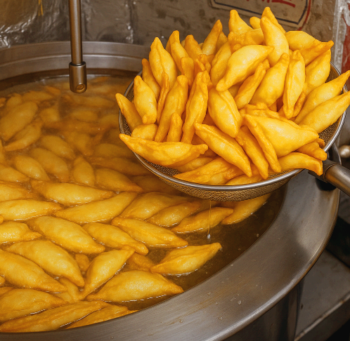 기름에 바삭하게 튀겨낸 짱구네 튀김만두, 망에 올려진 갓 튀긴 만두 모습