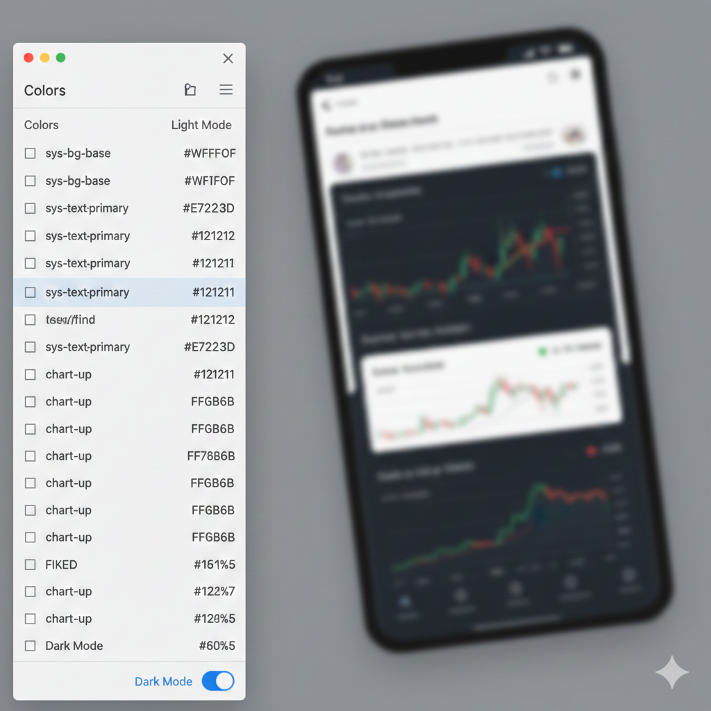 Figma Variables를 활용한 금융 앱 디자인 시스템 구축 및 라이트-다크 모드 컬러 토큰 설정 화면