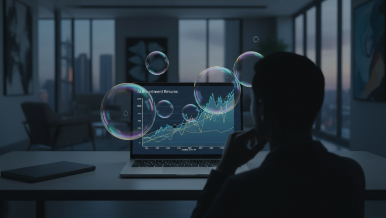 책상 위에 놓인 노트북 화면에 AI 관련 그래프와 버블을 상징하는 거품 이미지가 오버랩되어 있고, 그 옆에는 고민하는 투자자의 실루엣이 비치는 모습