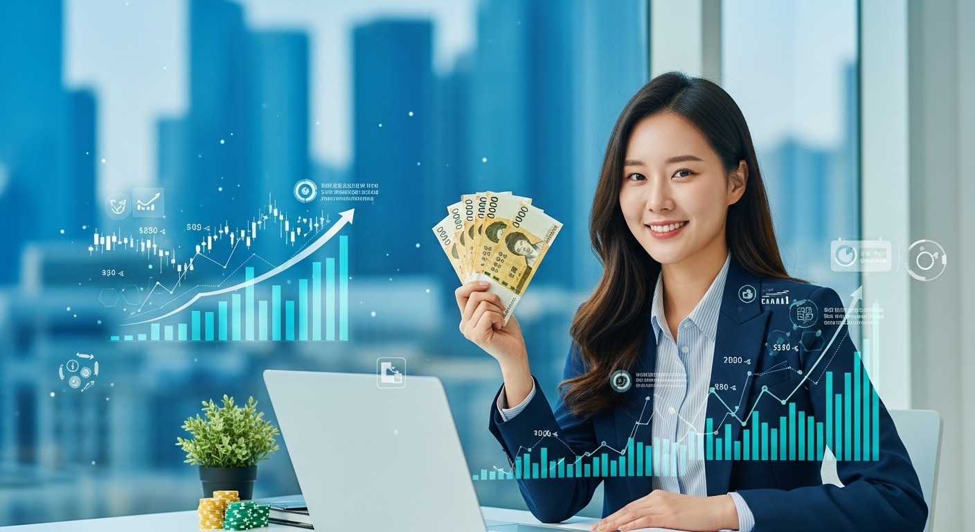 30대 직장 여성이 노트북 앞에서 미소 지으며 돈을 들고 있는 모습. 재정적 성취를 상징하는 배경의 성장 그래프.