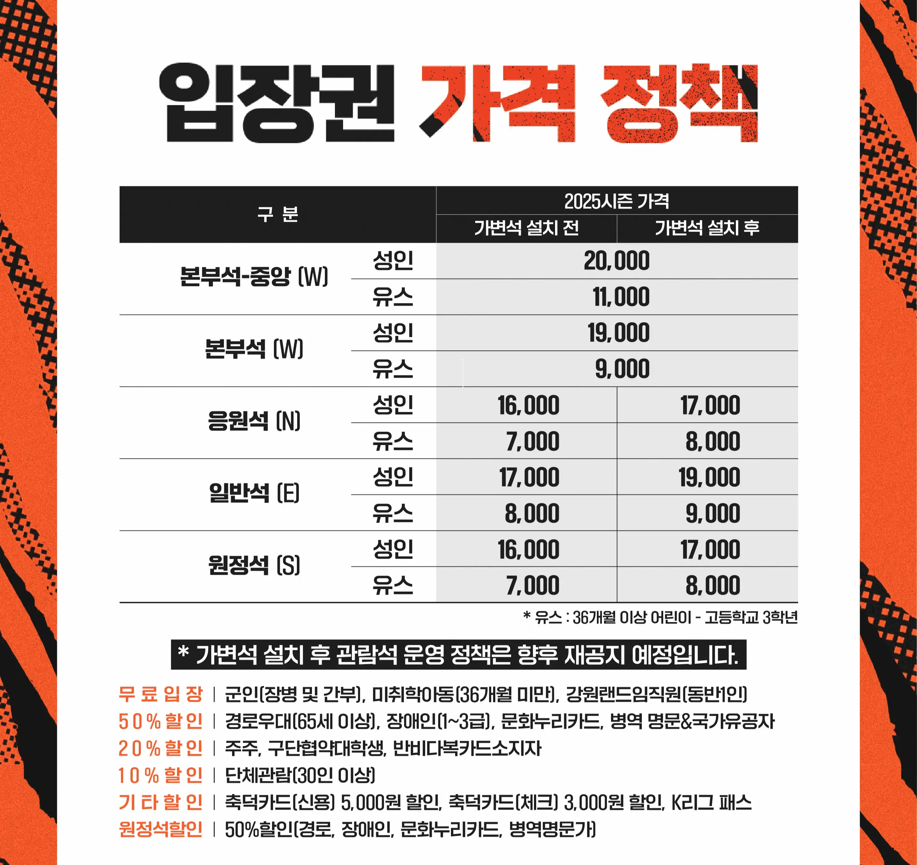 강원FC 2025시즌 티켓 가격, 춘천송암스포츠타운 좌석배치도, 할인 및 무료입장 안내