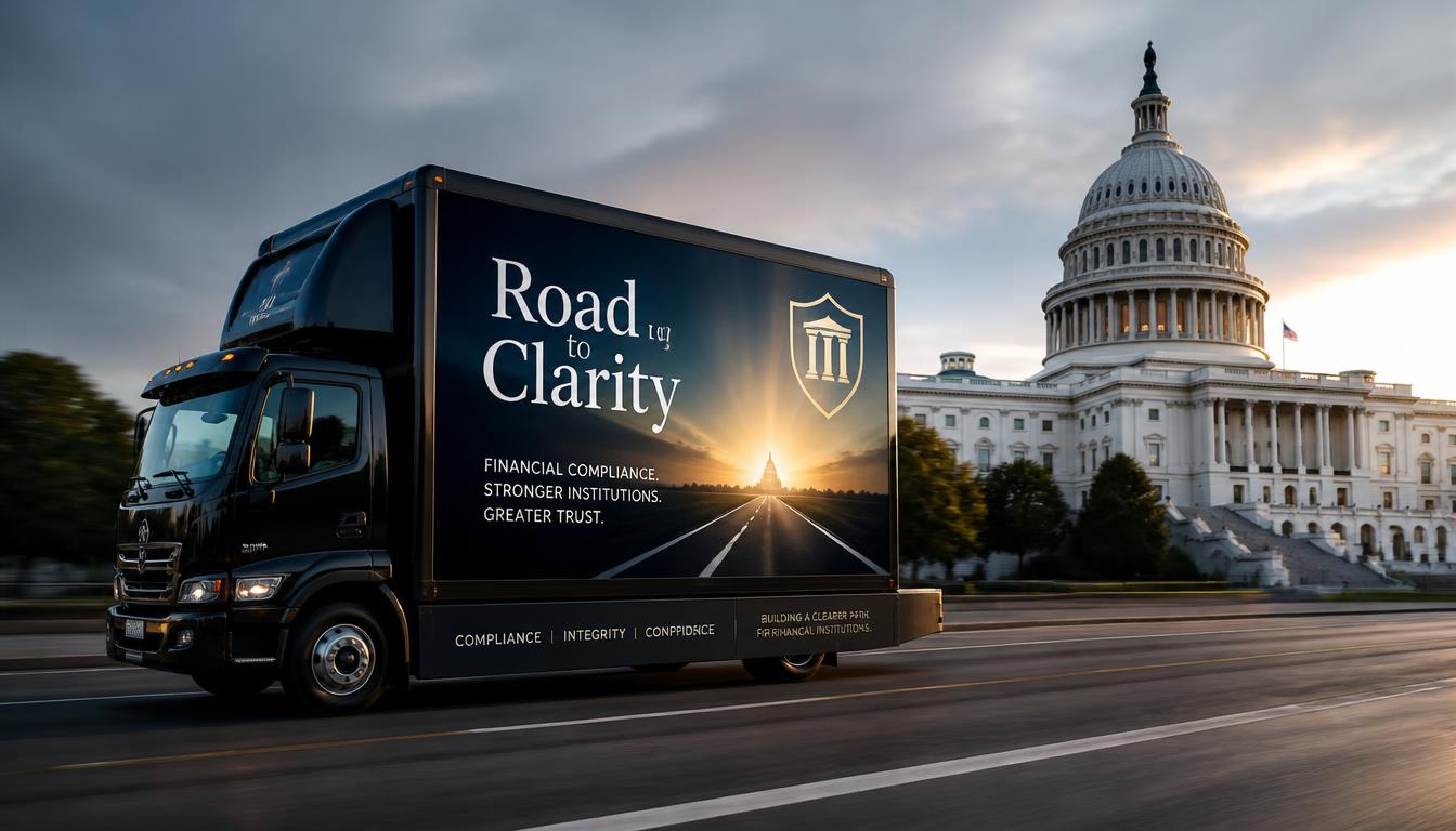 An advertising truck with the text Road to Clarity driving past the U.S. Capitol in Washington D.C.