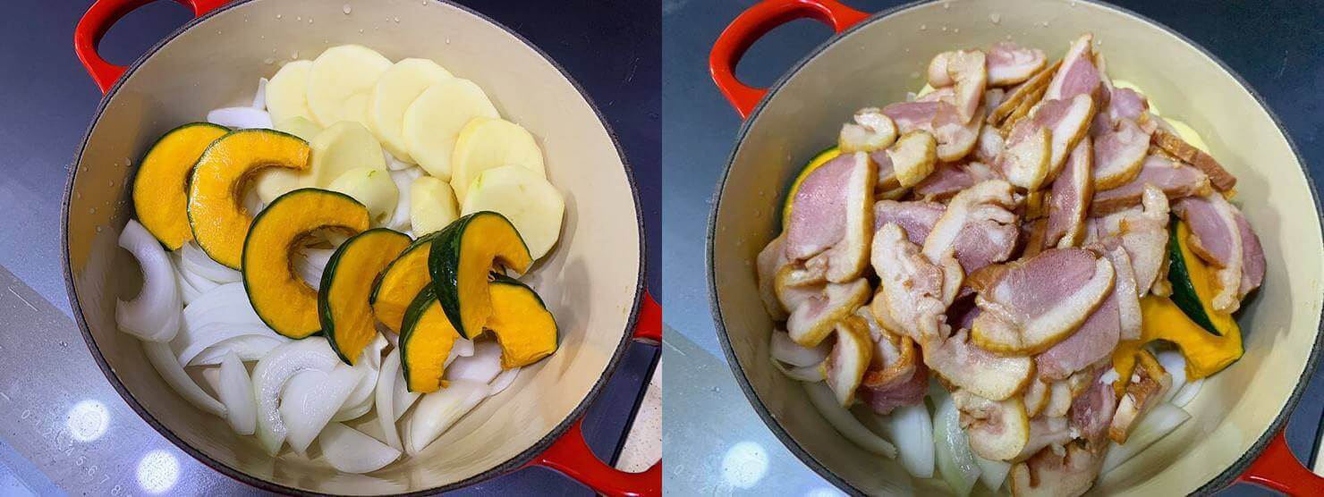왼쪽 사진에는 냄비 안에 채 썬 양파 위에 납작한 감자와 단호박이 올려져 있다.
오른쪽 사진에는 냄비 안에 훈제 오리가 있고 훈제 오리 사이에 감자, 단호박, 양파가 조금 보인다.