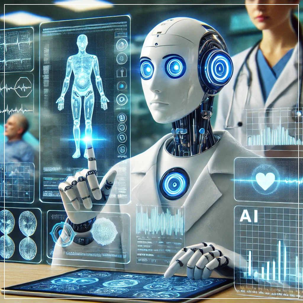 AI가 의료진과 함께 환자의 진단을 돕고, 복잡한 의료 데이터를 분석하는 장면