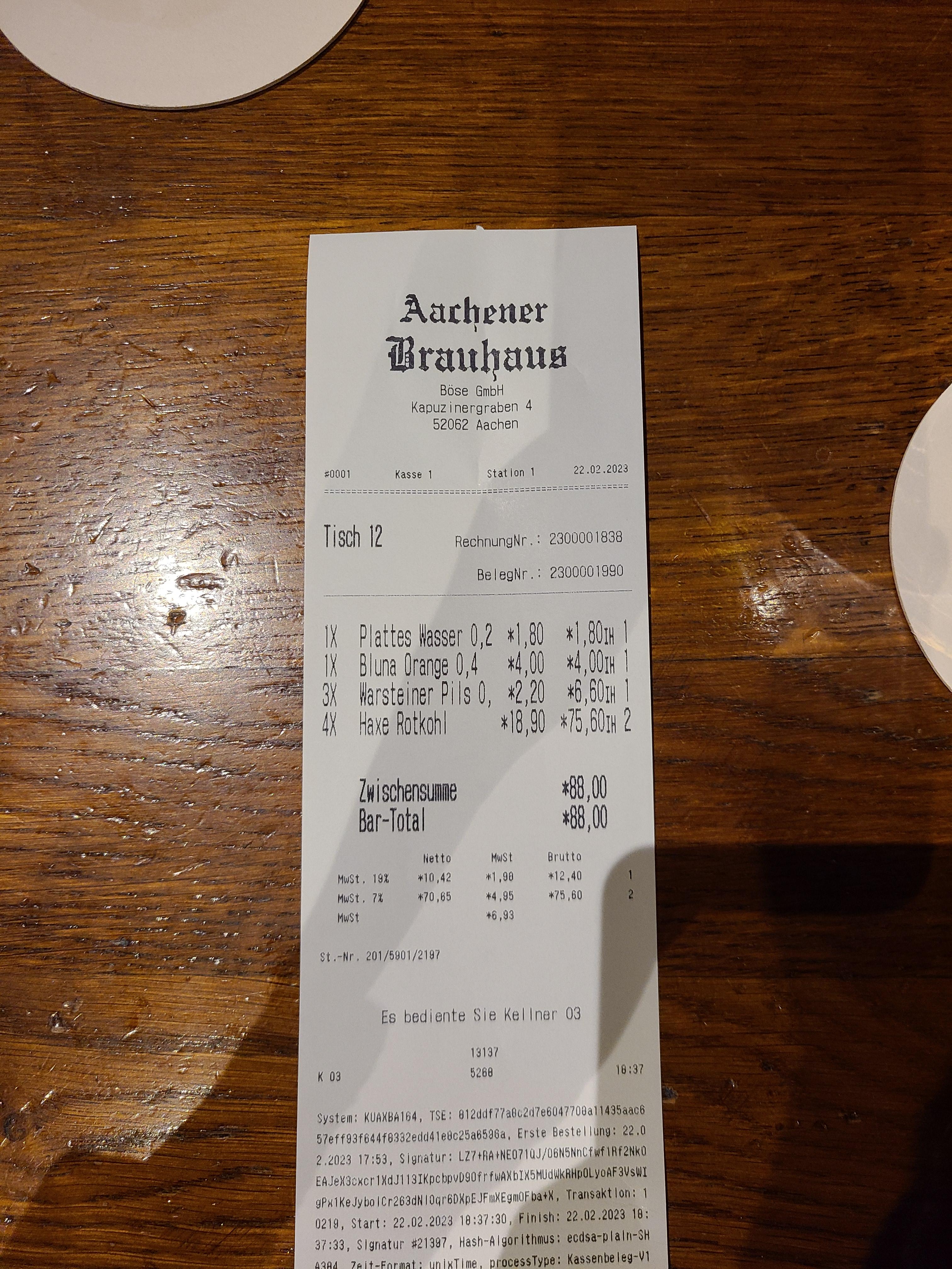 Aachener Brauhaus 영수증