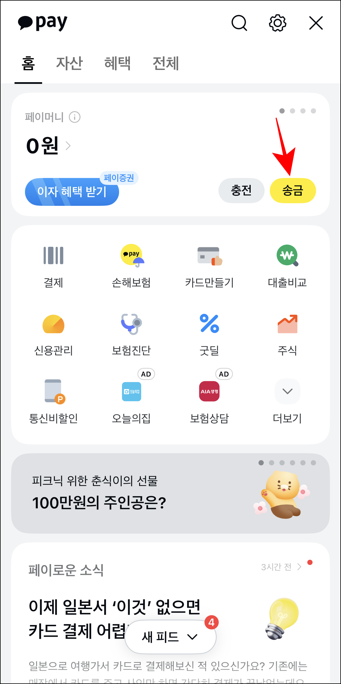카카오페이에 접속하고 송금을 선택