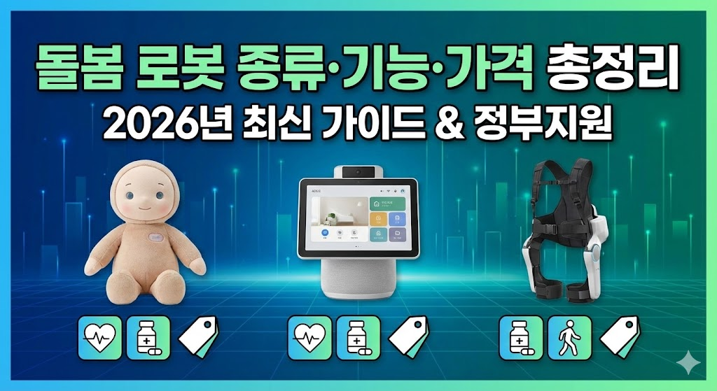 정서지원형, 생활관리형, 신체보조형 등 세 가지 돌봄 로봇의 종류와 기능, 가격 정보를 아이콘과 함께 정리한 2026년 최신 인포그래픽 썸네일