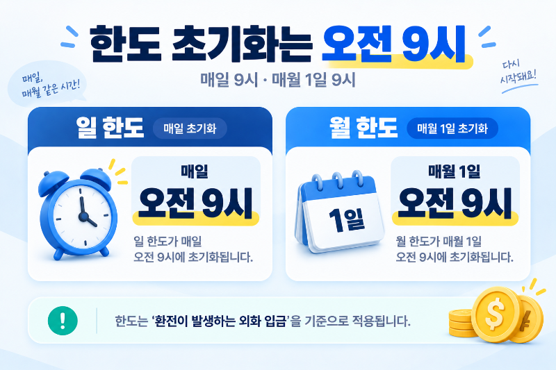 토스 외화통장 일 환전 한도와 월 환전 한도 오전 9시 초기화 안내