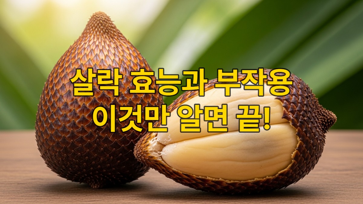 뱀 비늘 같은 껍질을 가진 살락 열매와 잘 익어 하얀 속살을 드러낸 살락 과육. 열대 식물을 배경으로 놓여 건강하고 신선한 느낌을 주는 이미지.