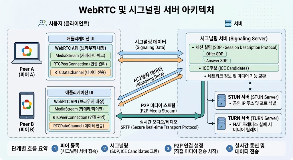 클라이언트 간의 P2P 연결 전 중간 서버인 시그널링 서버를 통해 STUN/TURN 네트워크 경로를 탐색하는 하이브리드 제어 체계 구조