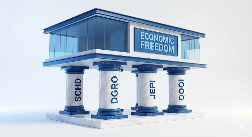 SCHD, DGRO, JEPI, QQQI 로고가 새겨진 4개의 견고한 기둥이 한 사람의 집(경제적 자유)을 떠받치고 있는 3D 렌더링 이미지