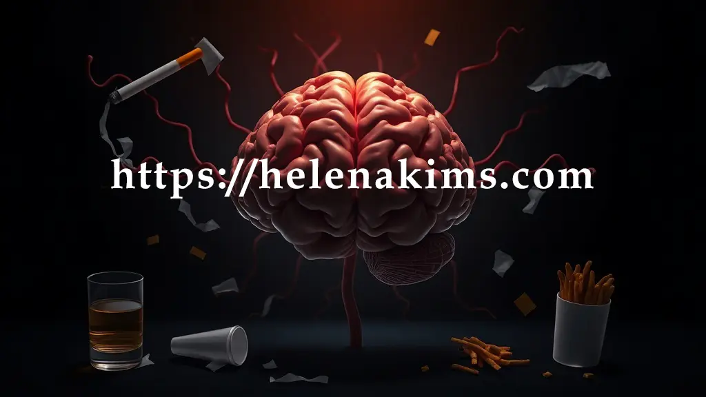 어두운 배경에 뇌의 복잡한 혈관망의 모습, 그 주위에 담배, 술잔, 패스트푸드 아이콘, 그리고 찢어진 종이 같은 스트레스 상징물이 감각적으로 배치되어 뇌혈관을 위협하는 잘못된 생활 습관의 위험성을 경고한 이미지.