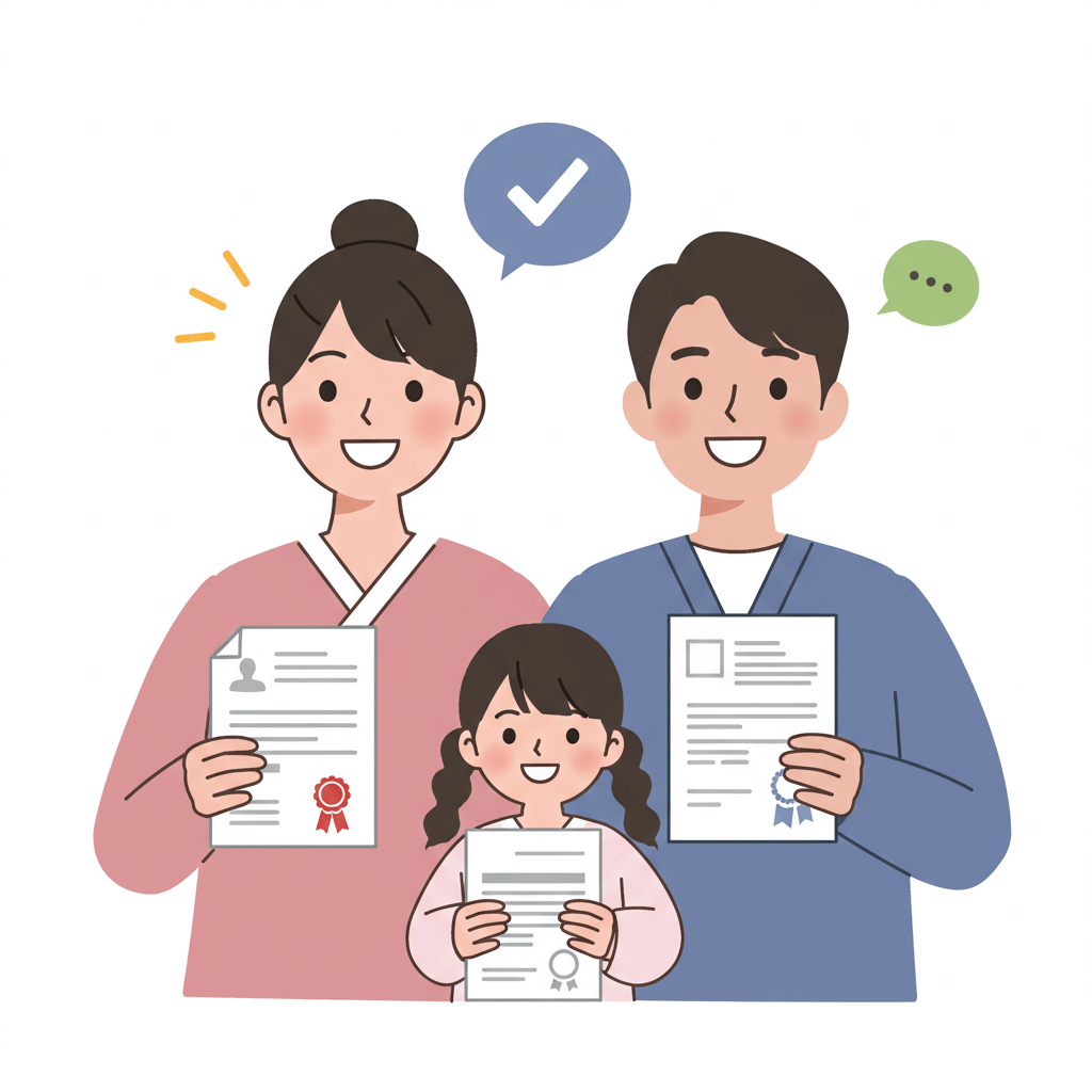 승인된 서류와 함께 큰 체크 표시를 보이며 미소 짓는 부모와 가운데 여자 아이도 웃고 있다
