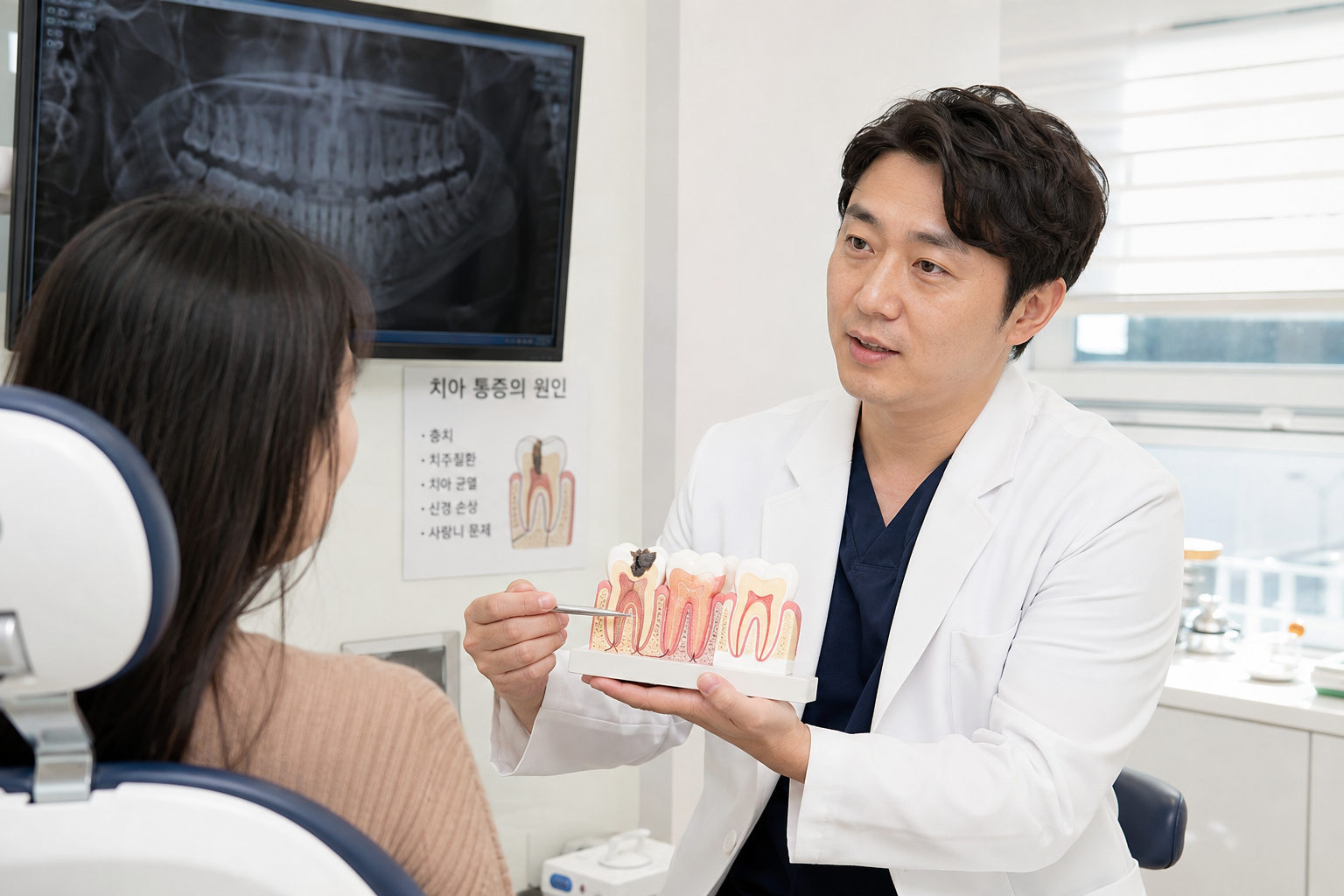 치과에서 의사가 환자에게 치아 모형으로 치통 원인을 설명하는 장면