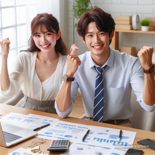 열정에 넘치는 젊은 남여가 영업 목표를 채우기 위해서 열심히 영업하는 모습 생성형 이미지 - 1