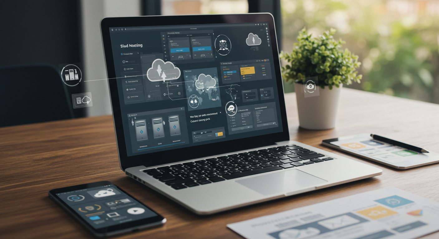 웹호스팅 대시보드와 클라우드 아이콘, 디지털 창업 소품이 함께 있는 온라인 비즈니스 작업 공간