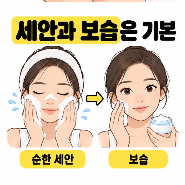 세안과 보습은 기본이라는 제목 아래 거품으로 얼굴을 씻는 장면에서 보습 크림을 바르는 장면으로 이어지는 그림