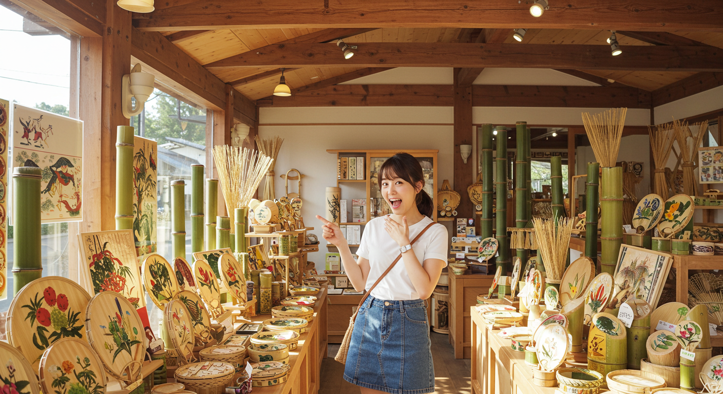 일본의 대나무 공예품 집에서 사진을 찍는 사람