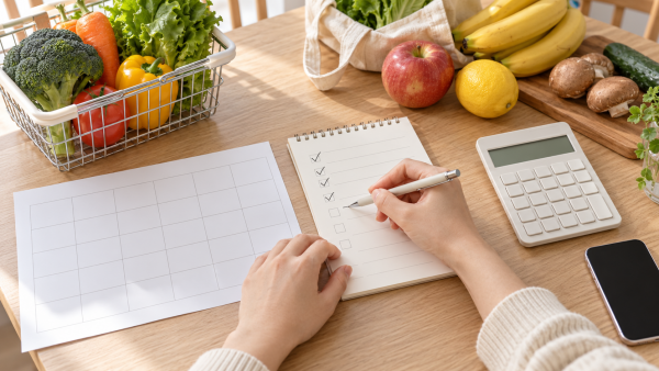 장보기 목록과 빈 일정표로 농축산물 구매 예산과 상품권 사용계획을 점검하는 모습