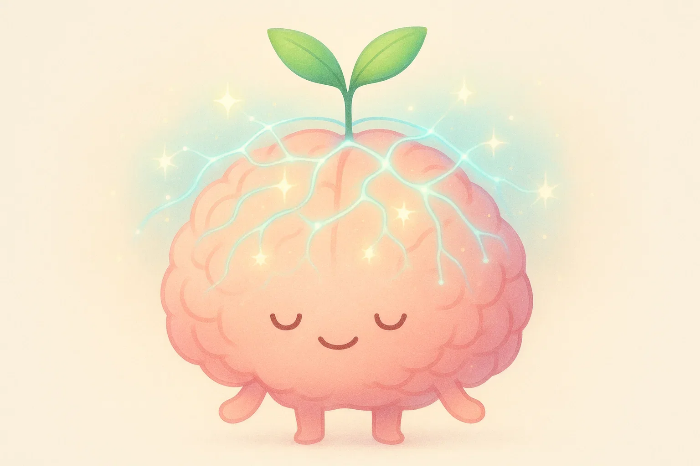 성장과 회복을 상징하는 귀여운 뇌 캐릭터와 싹이 돋아난 모습, 뇌 신경망의 빛나는 연결을 표현한 일러스트