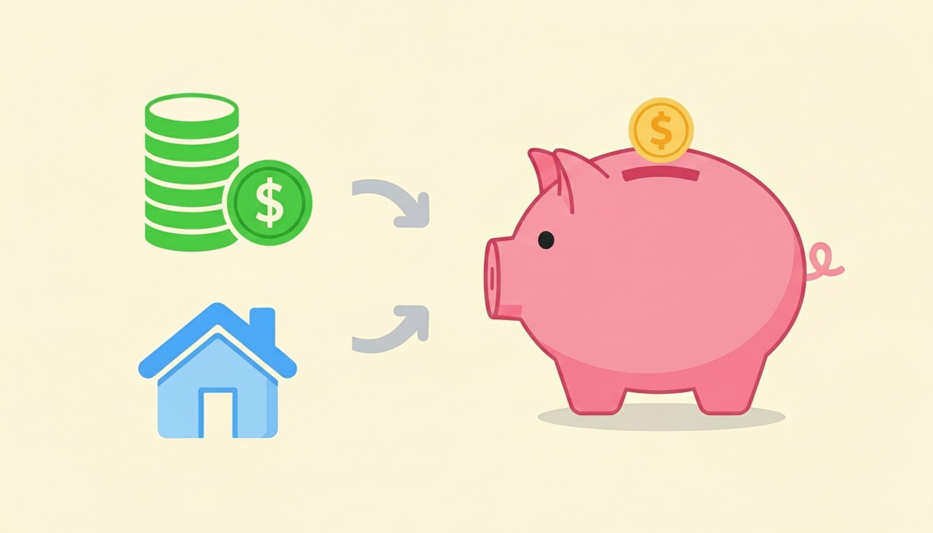 소득(돈뭉치)과 재산(집 아이콘)이 더해져 하나의 바구니로 들어가는 쉬운 그림