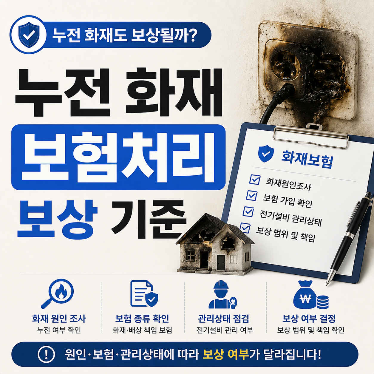 누전으로 인한 화재 현장과 보험서류 이미지