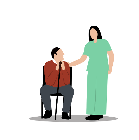 알부민 수치 저하로 근육이 약해진 노인을 간병인이 보살피는 장면