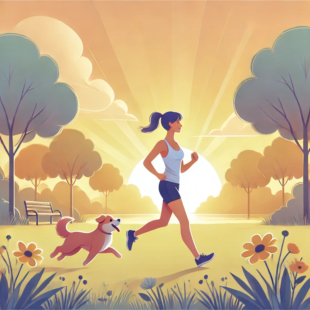 공원에서 강아지와 달리기 하는 여성 일러스트