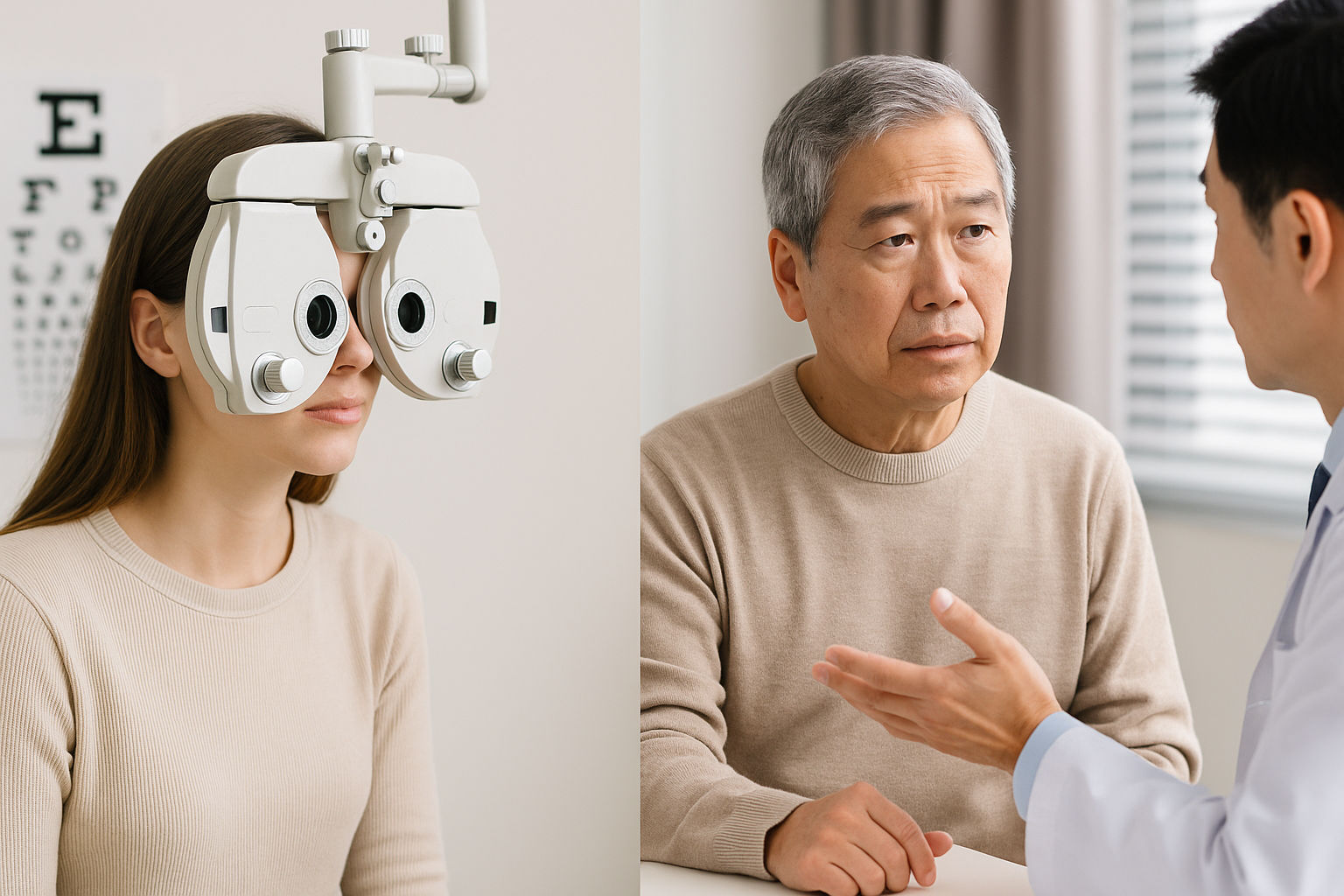 라식 대상자인 젊은 여성의 시력검사 장면과 백내장 상담 중인 중년 남성의 진료 상황을 대비한 이미지