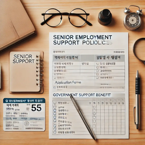 고령자 취업 지원을 위한 신청서, 체크리스트 등이 정돈된 서류 이미지