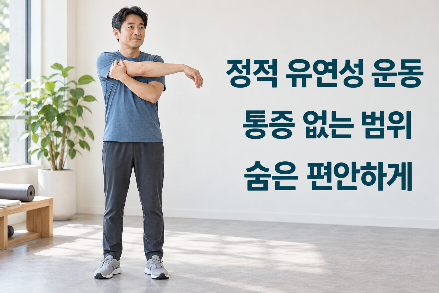 두 발을 바닥에 둔 채 팔을 가볍게 교차해 편안한 범위에서 늘리는 성인