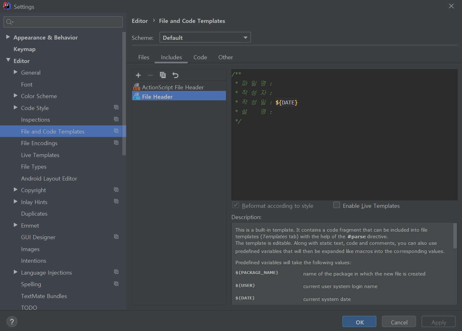 File > Settings > Editor > File and Code Templates > Includes > File Header