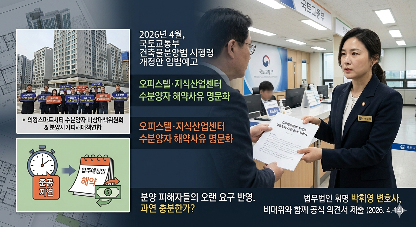 법무법인 휘명 대표변호사 박휘영은 의왕스마트시티 수분양자 비상대책위원회, 분양사기피해대책연합과 함께 2026. 4. 14. 국토교통부에 개정안에 대한 공식 의견서를 제출했습니다.