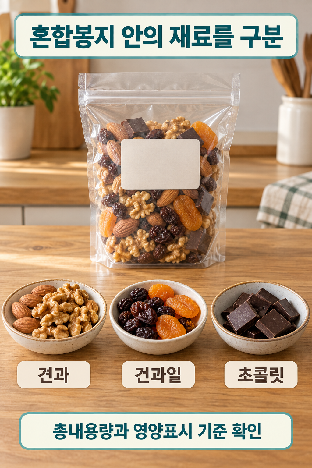 혼합 간식 봉지와 견과&middot;건과일&middot;초콜릿을 각각 구분한 그릇