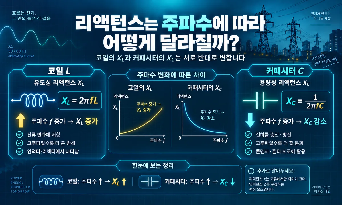 주파수에 따른 코일 유도성 리액턴스와 커패시터 용량성 리액턴스 변화