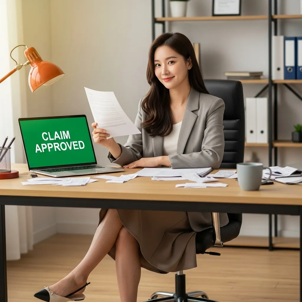 Health Advocate 서비스로 보험 청구가 승인되어 만족스럽게 미소 짓는 전문가