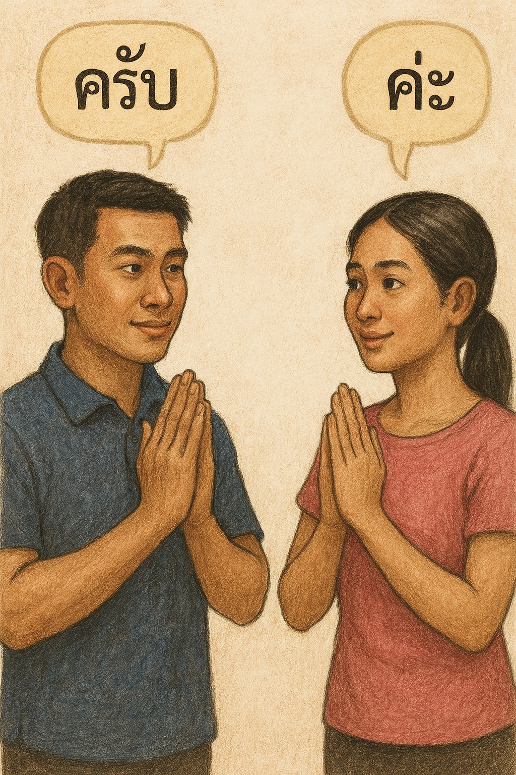 왼쪽의 태국인 남성이 '캅'이라고 말하고, 오른쪽의 태국인 여성이 '카'라고 말하는 반사실적 일러스트