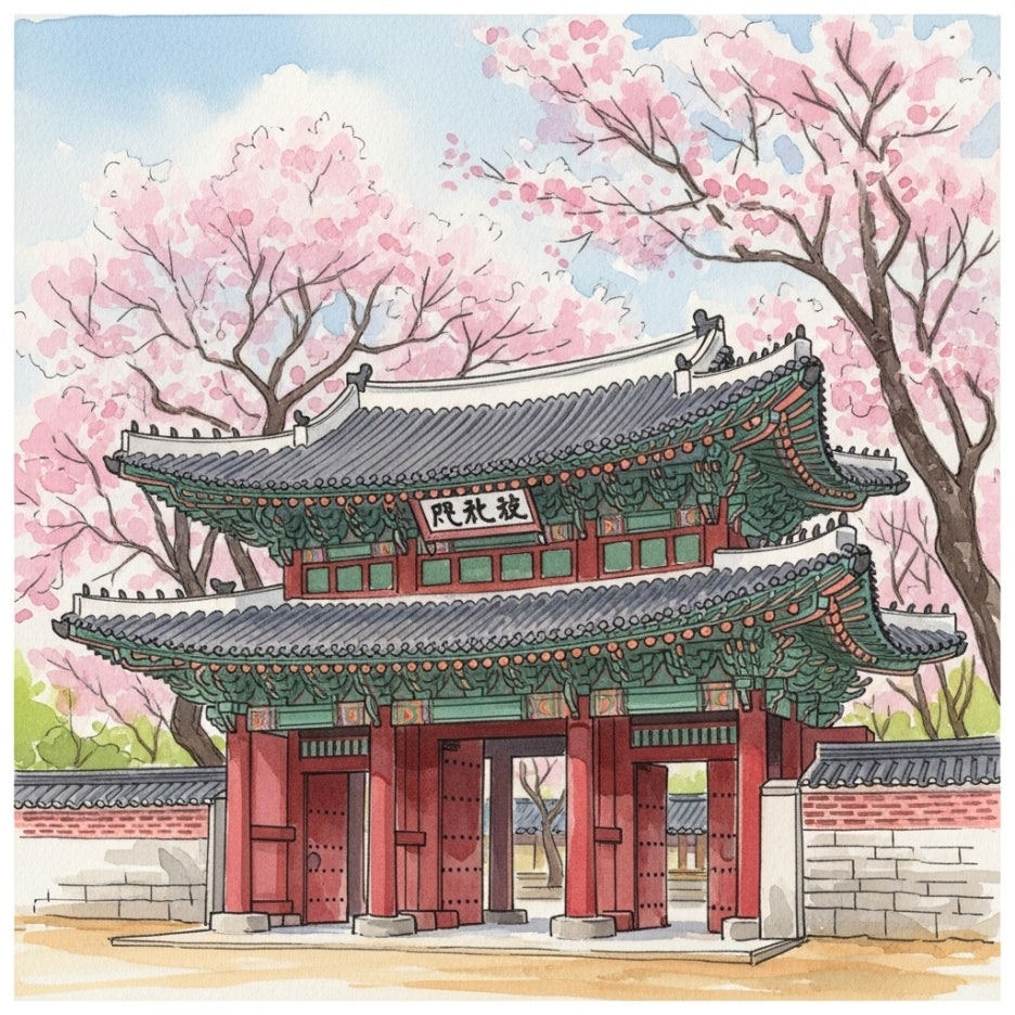 제주 전통 건축물과 어우러진 고즈넉한 벚꽃 풍경