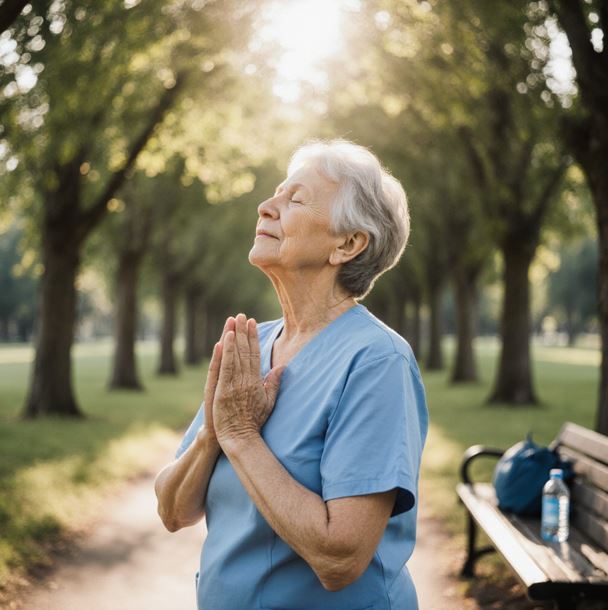 공원에서 눈을 감고 있는 중년의 여성이 두 손은 가슴 앞에 모아 하늘을 향해 심호흡을 하고 있다.