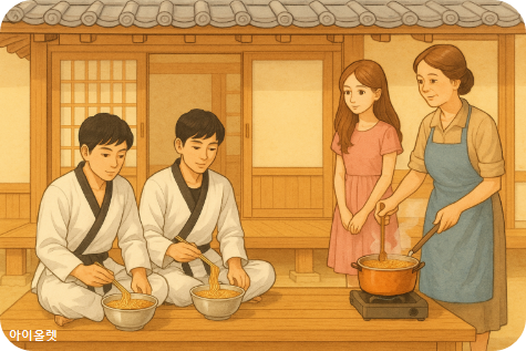 비키가 하숙집 어머니에게 부탁하여 라면을 끓여 연오에게 먹으라고 권하는 모습