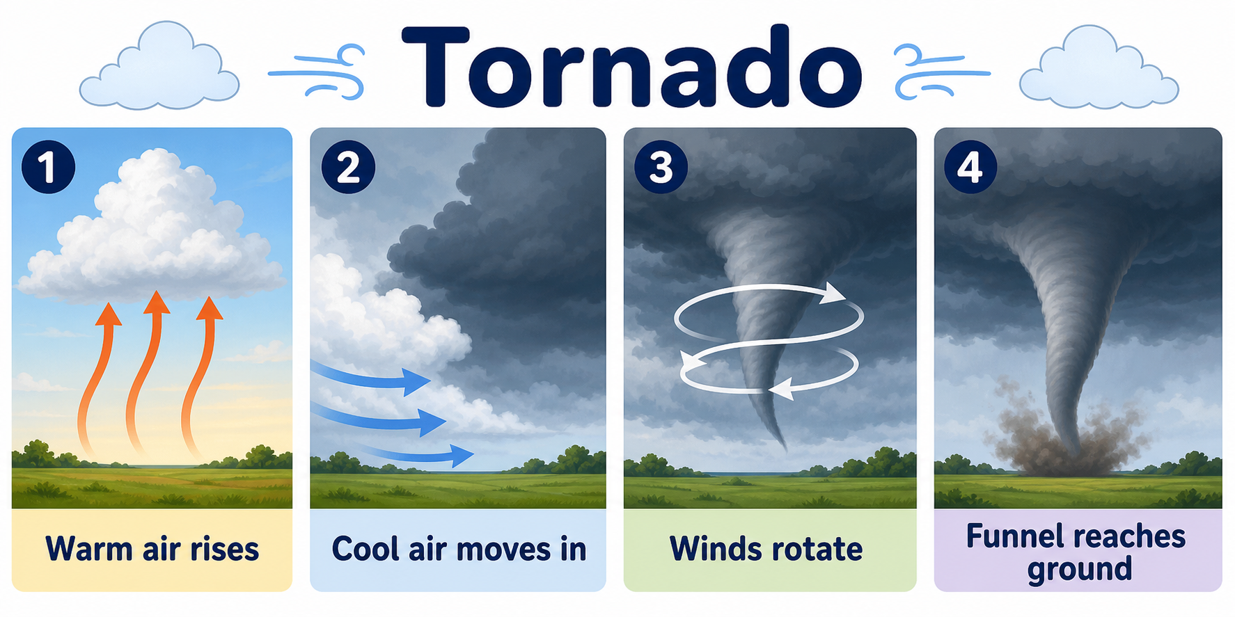 Infographic explaining how tornadoes form from warm air, cool air, rotating wind, and a funnel cloud